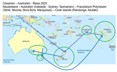Die Übersichtskarte der Resie von Brigitte und Heinz Schwank im Jahre 2025 nach Australien und Ozeanien.