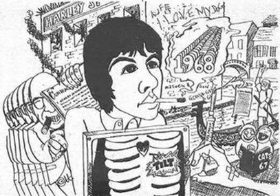 Cat Stevens drew this cartoon of himself, a composite parody of his stay in the hospital.