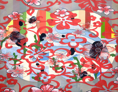 Tropical Observation, Tropical Observation — painting from the series Information Overload where a dense network of red floral ornaments overlays a layered background of stripes, geometric shapes and transparent planes; among the floral patterns dark flow