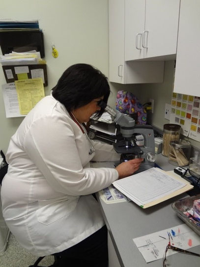 Dr Kovalic examining a sample under microscope