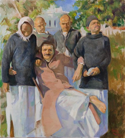 Meher Baba with the Four Masts Bangalore, January 1940 ; Artist - Gregg Rosen