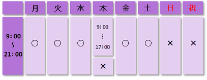診療時間　月火水金土9：00～21:00　木9:00～17:00　日祝休診