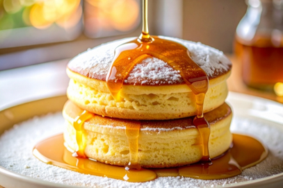 はちみつがたっぷりかけられたパンケーキのお皿。