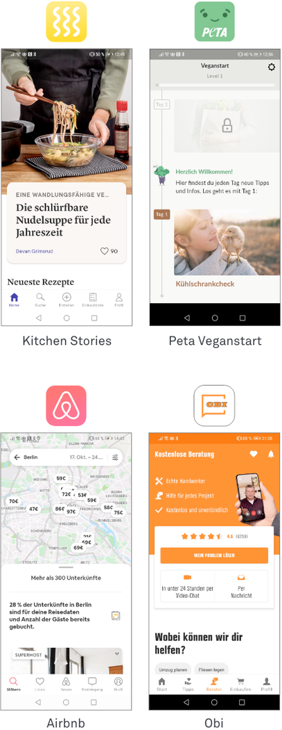 Screenshots von den Wettbewerbern: Kitchen Stories, Peta Veganstart, Airbnb und OBI
