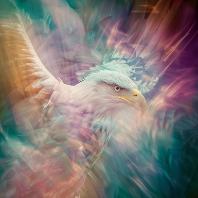 Eine schemenhafte und engelhafte Illustration eines weissen Adlers der seine Flügel ausbreitet umgeben von Lichtreflexen und Lichteffekten in den Farben petrol violett gelb pink violett