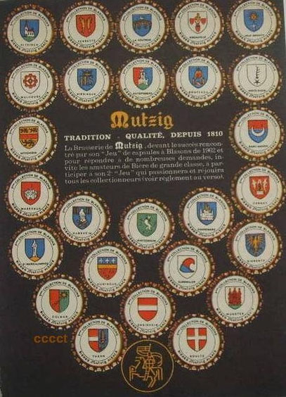 Advertising for french Mutzig beer set, 26 caps, dated 1963.