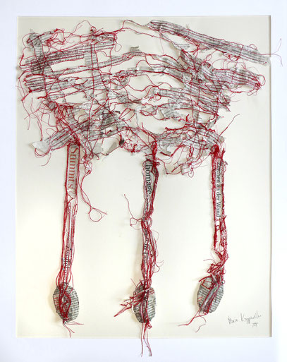  Image made from pieces of newspaper sewn with red thread