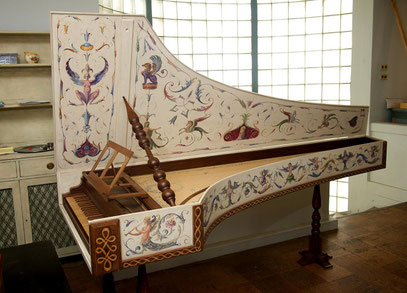 An Italian style harpsichord hand painted by Zuckermann Harpsichords International artist-in-residence Tatyana Nivina, Photo © Shana Sureck WNPR