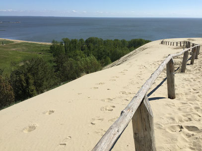 Kurische Nehrung Dünenlandschaft man schaut von einer hohen, mit einem Holzgeländer begrenzten Sanddüne auf das Meer - Bild: pixabay My own Travel - Baltikum Rundreise