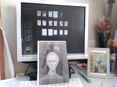 レーザープリンタで仮出力したデコイ(雛型冊子)とクリスペ作業画面。飾ってるポストカードは先日行ったユトリロ展でゲットしたもの。展については別ブログか何かで改めて書きたいです♥
