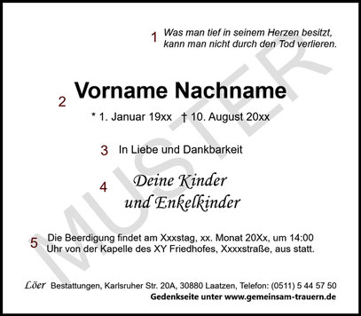 Beispiel einer klassischen Traueranzeige gestaltet von Löer Bestattungen