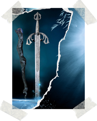 Schwert und Druidenstab im Wasser, heroisch, mythisch