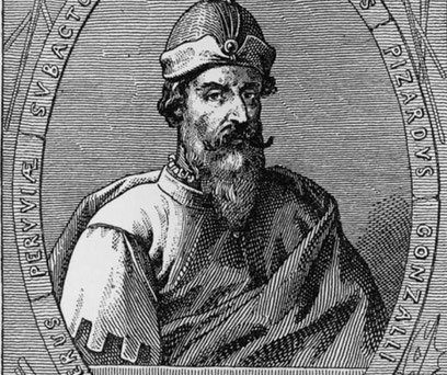 A historical engraving of a bearded man in medieval-style armor and a hat, identified by the surrounding text as Gonzalo Pizarro, a Spanish conquistador involved in the conquest of Peru.