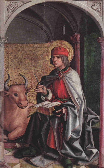 Figura sedente de San Lucas, con el símbolo del toro como animal de sacrificio, hace referencia a la muerte de Cristo. P.Berrugute.Retablo de Paredes de Nava,Palencia.1470-71