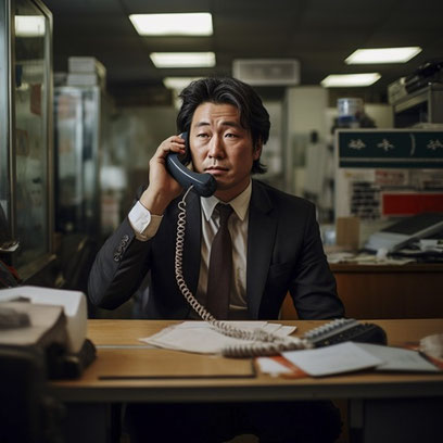 オニのサラリーマン確認画像 z38.会社で電話するサラリーマン、＋2点【人関連】無料画像