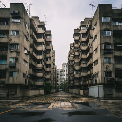 建物、マンション、団地、廃墟、いわくつき物件、住宅、閑散とした、暗い、曇り、怖い、おばけ、フリー素材、Buildings, condominiums, housing complexes, ruins, haunted properties, houses, deserted, dark, cloudy, scary, ghosts, free materials