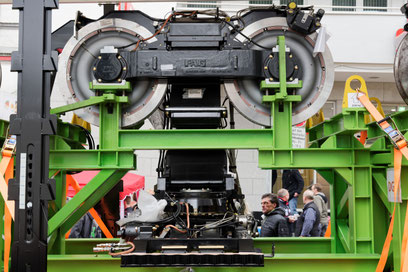 One of the bogies of the suspended monorail in Wuppertal with double-flange wheels