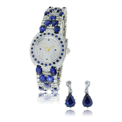 Uhr und Ohrschmuck in Weissgold mit Saphiren und Diamanten, angefertigt auf Kundenwunsch von der Goldschmiede OBSESSION Zürich und Wetzikon