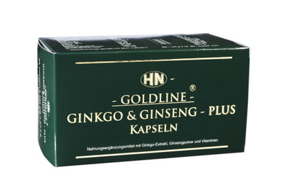 Grüne Pappschachtel mit HN-GOLDLINE-Logo mit Aufschrift GINKGO & GINSENG - PLUS Kapseln