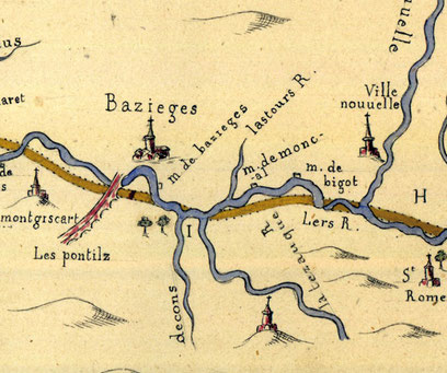 Fig.2 : Baziège sur le plan géométrique du canal royal pour la communication des mers par Garonne et Aude en Languedoc de François Andréossy et Jean Cavalier (1665)