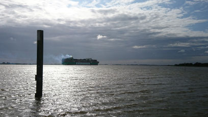 Die hier sehr breite Elbe im Gegenlicht, das auf dem Wasser funkelt. Vorn ein Pfahl, hinten auf dem Wasser ein dunkel wirkendes Containerschiff mit bläulicher Rauchfahne. Wolken am Himmel, im Hintergrund die beiden Ufer.