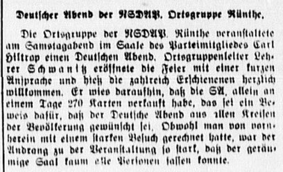 Im April 1933 organisierte Ernst Schwanitz einen "Deutschen Abend" für die NSDAP. (Quelle: Werner Zeitung vom 12.4.1933)