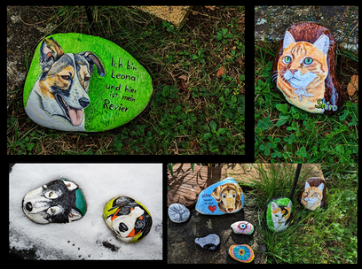 Katzenstein, Hundestein, Katze auf Stein gemalt, Hund auf Stein gemalt, Hundewarnschild, Bildersteine für Garten
