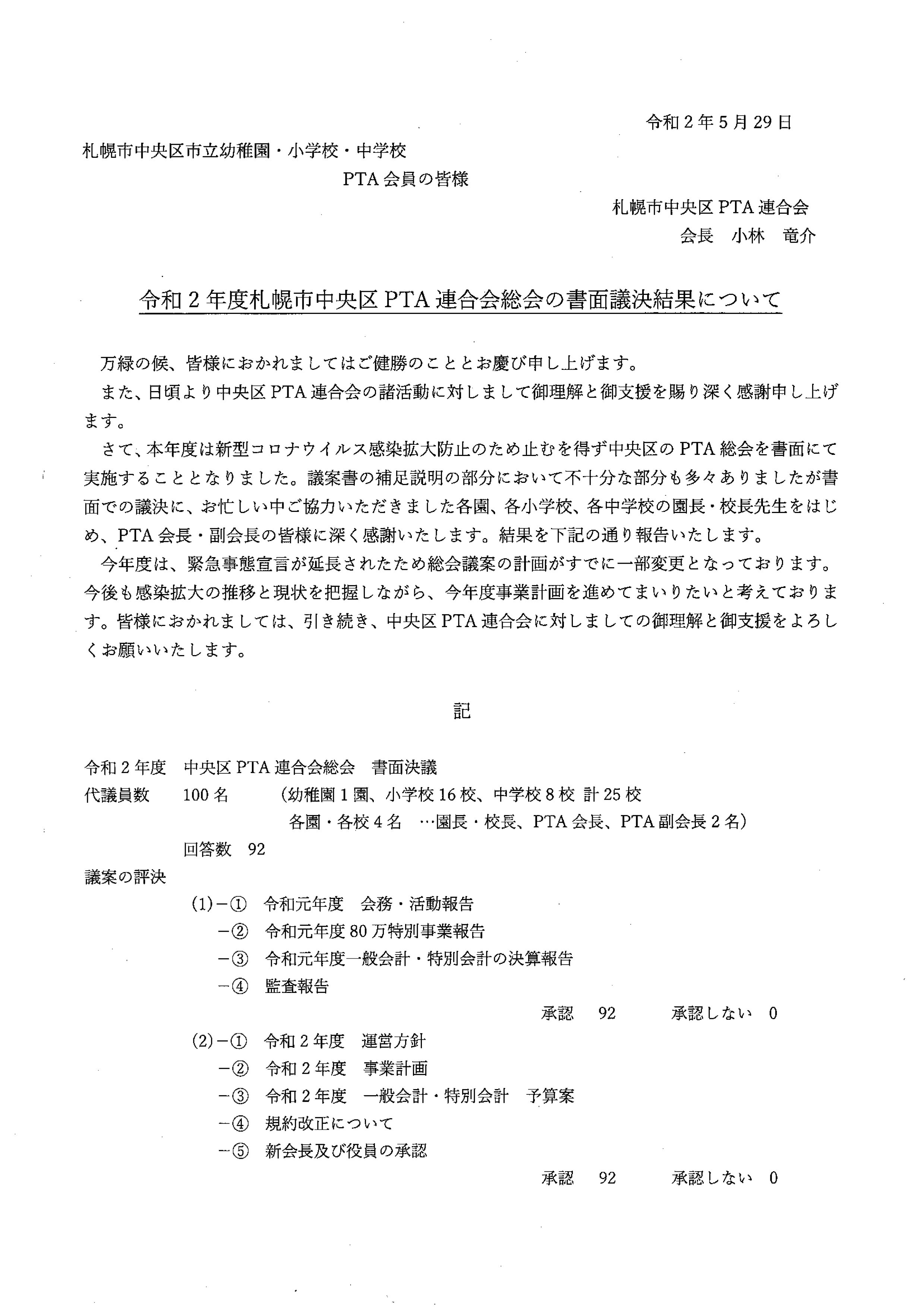 中央区PTA連合会書面による総会の結果
