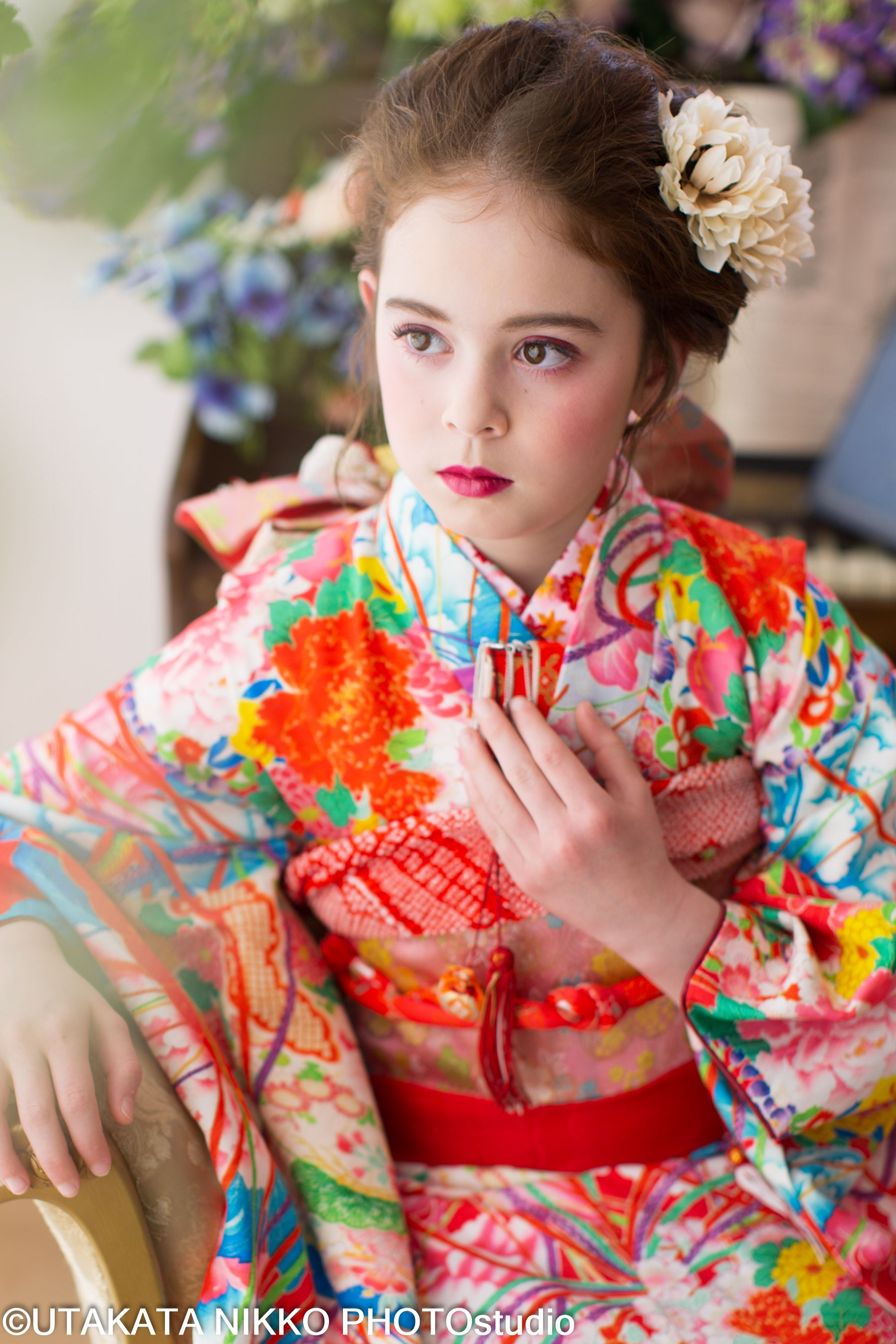 7歳 お衣装セットNo.7-56 百花繚乱 赤×青 - 日光うたかた お客様と一緒