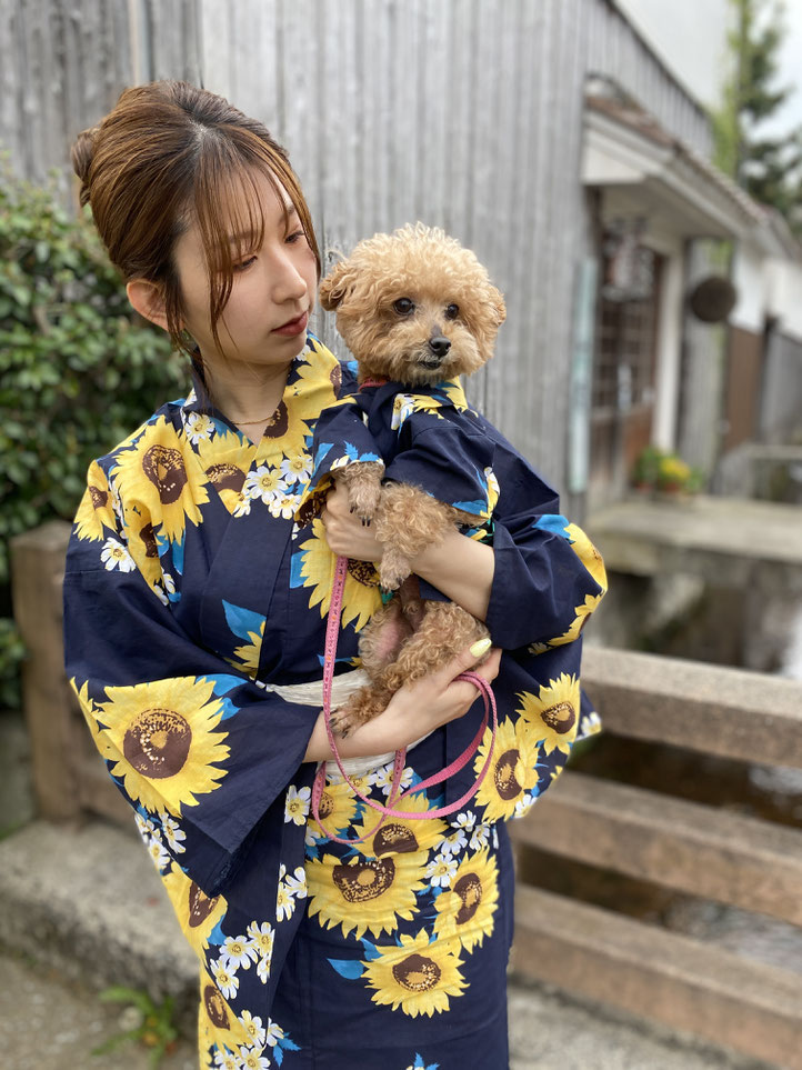 犬服ハンドメイド浴衣　浴衣ワンピ　髪どめ付き 愛犬とお揃いの浴衣（ペアルック）サービス開始 - わんにゃんリゾート