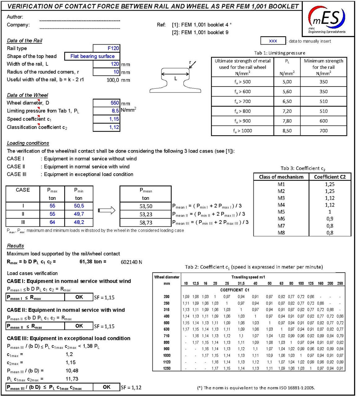 Rail wheel load verification mec Engineering Spreadsheets