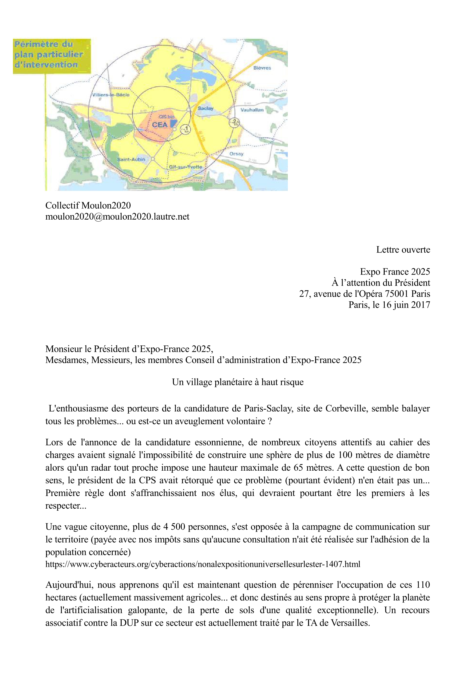 Lettre du collectif Moulon2020 à Expo France 2025 Site de moulon2020