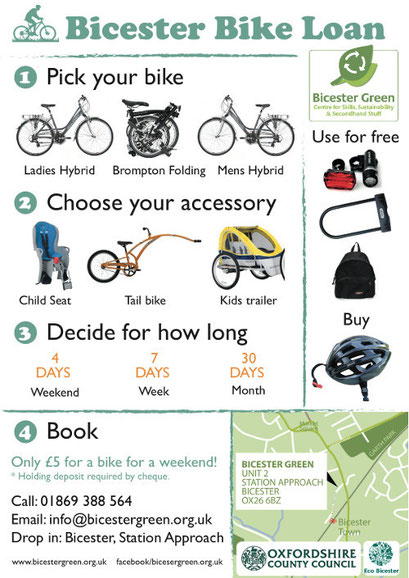 A poster advertising Bicester Green's cycle hire.