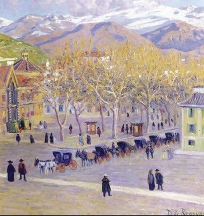 Darío de Regoyos.Plaza granadina 1905. Paisaje abierto con Sierra Nevada al fondo,supo captar el ambiente frío del invierno granadino,árboles deshojados y figuras con capas y sombreros.Fila de calesas en diagonal dinamismo y sombras azuladas.