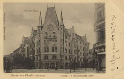 Postkarte mit einem Bild der Goethestraße / Grolmanstraße in der Nähe der Goethestraße 12 – um 1900 Quelle: http://www.zeno.org - Zenodot Verlagsgesellschaft mbH 