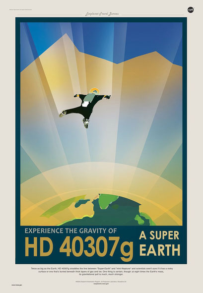 Póster de HD 40307 g: "Experimente la gravedad de HD 40307 g, una supertierra". / NASA-JPL/Caltech