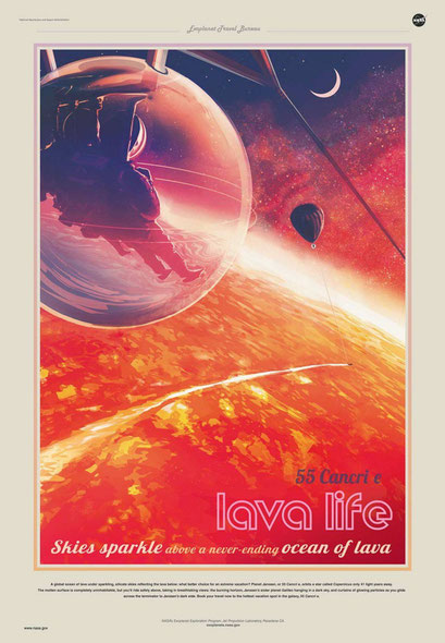Póster de 55 Cancri e: "Vida de lava, los cielos chispean sobre un interminable océano de lava". / NASA-JPL | Caltech