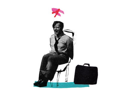 bound lawyer seated in chair with unhappy expression (with briefcase close by)