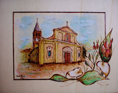 Chiesa di Coazze (Pirografia acquerellata)