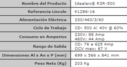 Especificaciones Técnicas Soldadora Lincoln Stick Idealarc R3R 500