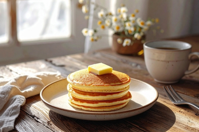 バターがのったホットケーキのお皿。コーヒーのカップ。キッチンリネン。