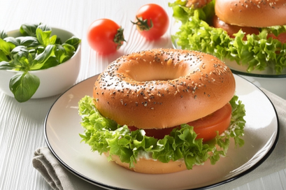 フリルレタスとトマトがサンドされたベーグルパン。