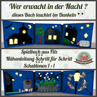 Spielbuch Quiet book Tutorial Nähanleitung Reflexgarn Leuchtgarn Ins Bett gehen Tierbuch Nachttiere