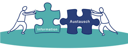 Zwei Figuren, die jeweils ein Puzzleteil halten. Auf dem linken Puzzelteil steht "Information", auf dem rechten "Austausch"