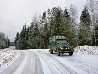 Land Rover Defender in the snow in the Baltic States