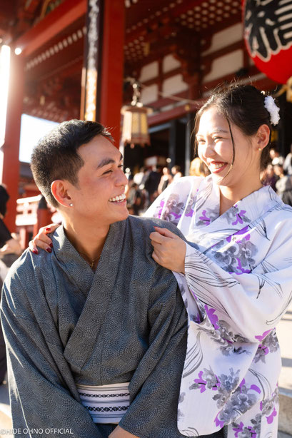 Couple in matching yukata enjoying a peaceful day at Sensoji Temple, Tokyo