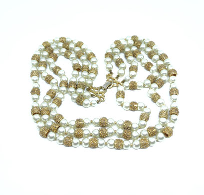 TRIFARI classy jewels - Triple strand faux pearl necklace with nubby gold tone spacers by Trifari -- Art.981/5
