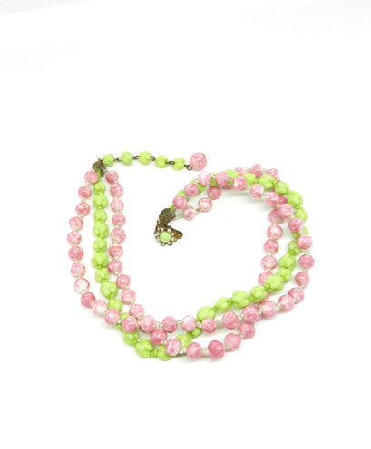 Miriam Haskell 3 strands necklace in choker style, Fresh beauty pale green color and spotted pink -- Art.889/5