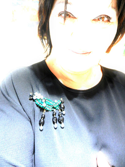 Great Brooch Haskell  drop gray & black Beads with vintage emerald crystal rhinestones in japanned setting - art.812/4