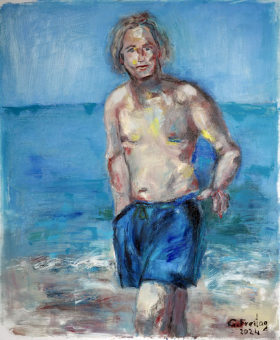 SELBSTBILDNIS AM MEER | 2024, Öl auf Leinwand, 120 x 100 cm